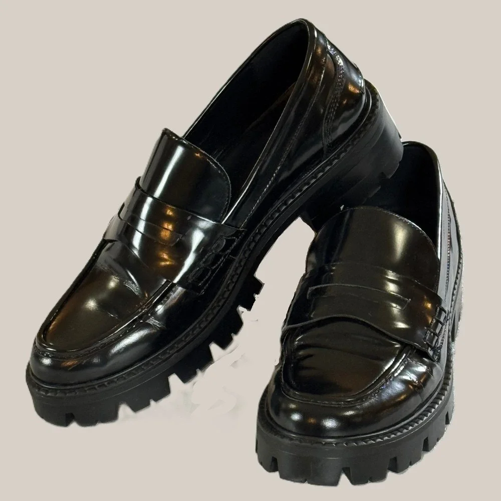 Massimo Dutti Patent Leather Chunky Platform Lug Sole Loafers Black EU 40